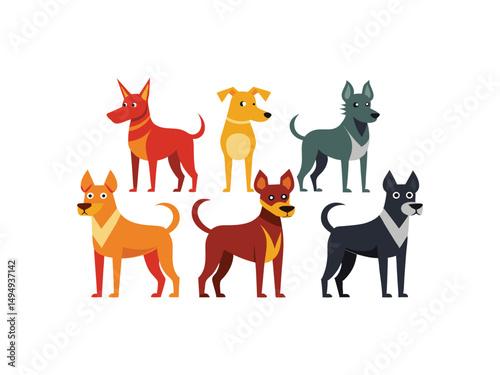 Collection of six colorful cartoon dogs in various poses
