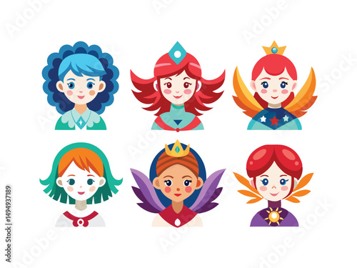 Six cute cartoon girls with colorful hair and fantasy costumes
