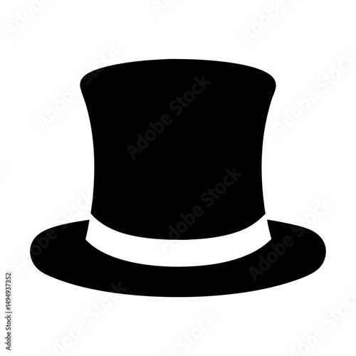 Simple Black Top Hat Illustration with White Band and Clear Background