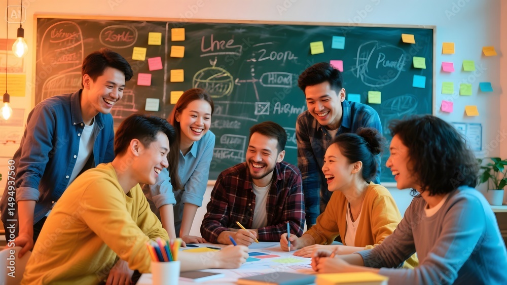 Obraz premium a group of diverse people sitting around a table in a vibrant and creative office environment, having a collaborative meeting, brainstorming ideas, with sticky notes and whiteboards in the background,
