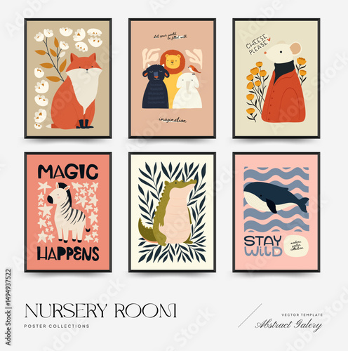 Abstract Childrens Room posters template. Modern trendy Kids minimal style. Hand drawn design for wallpaper, wall decor, print, postcard, cover, template, banner.