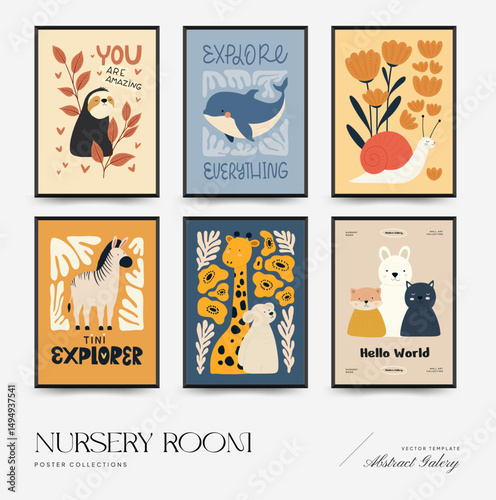 Abstract Childrens Room posters template. Modern trendy Kids minimal style. Hand drawn design for wallpaper, wall decor, print, postcard, cover, template, banner.