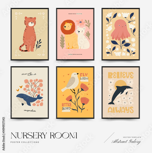 Abstract Childrens Room posters template. Modern trendy Kids minimal style. Hand drawn design for wallpaper, wall decor, print, postcard, cover, template, banner.