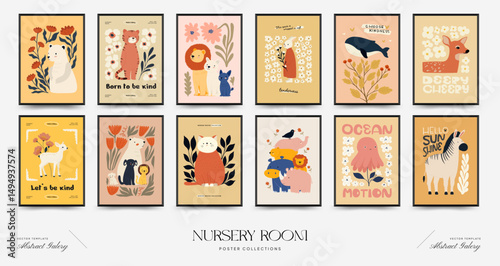 Abstract Childrens Room posters template. Modern trendy Kids minimal style. Hand drawn design for wallpaper, wall decor, print, postcard, cover, template, banner.