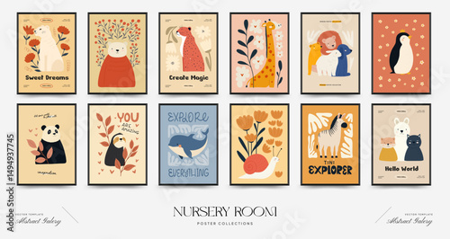 Abstract Childrens Room posters template. Modern trendy Kids minimal style. Hand drawn design for wallpaper, wall decor, print, postcard, cover, template, banner.