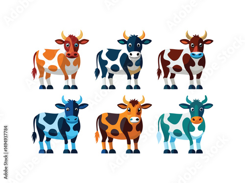 Six colorful cartoon cows collection farm animals illustration
