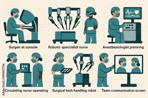 Medical robotics flat icons set – surgical, healthcare, robotic operation symbols