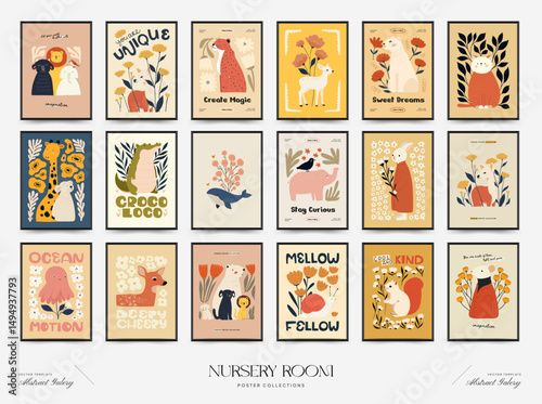 Abstract Childrens Room posters template. Modern trendy Kids minimal style. Hand drawn design for wallpaper, wall decor, print, postcard, cover, template, banner.