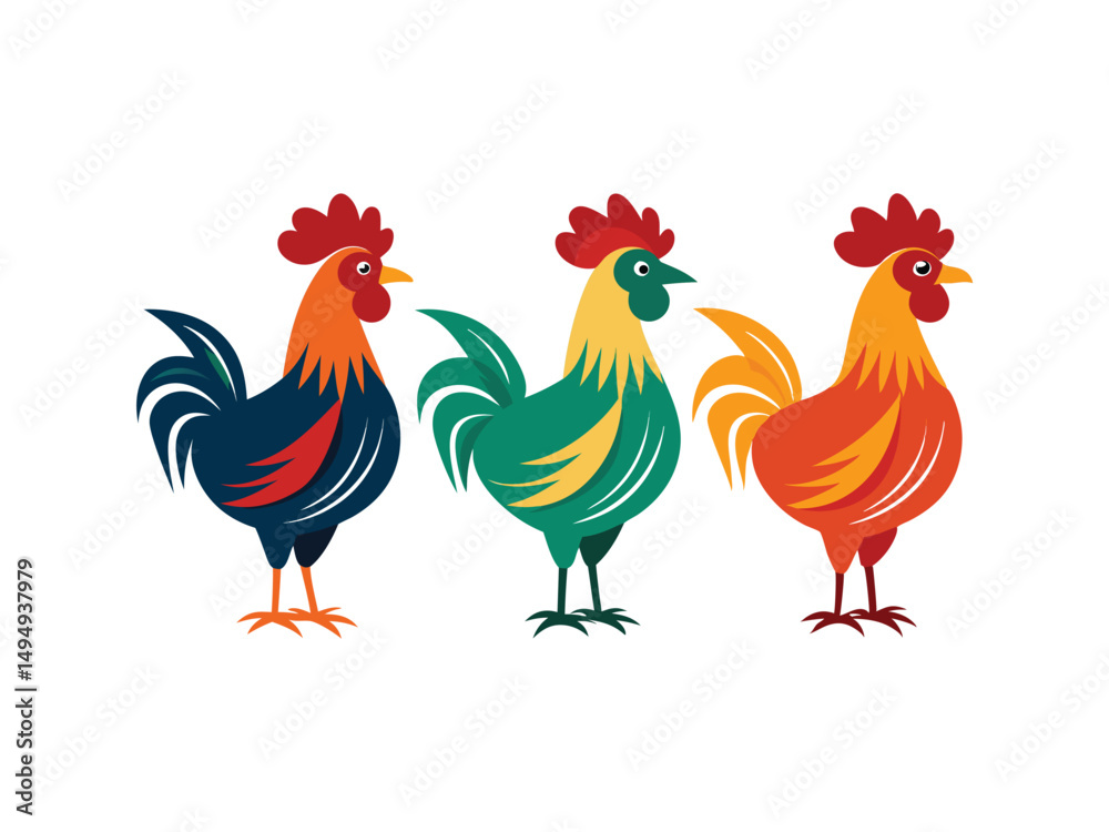 Fototapeta premium Three colorful roosters illustration set farm animals 