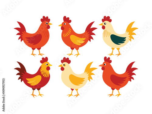 Six colorful cartoon roosters and hens farm animal illustration
