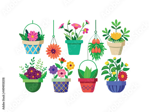Collection of colorful hanging and potted flowers for home decor
