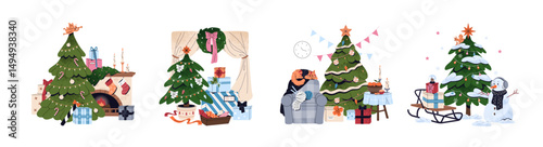 Set of Christmas trees with ornaments. Fireside with decorated fir. Xmas firtree with bells, garland, gifts. Celebration of New year, winter holidays. Flat isolated vector illustrations on white