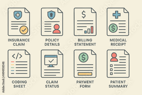 Healthcare and insurance line icons set – flat, outline, medical and billing symbols