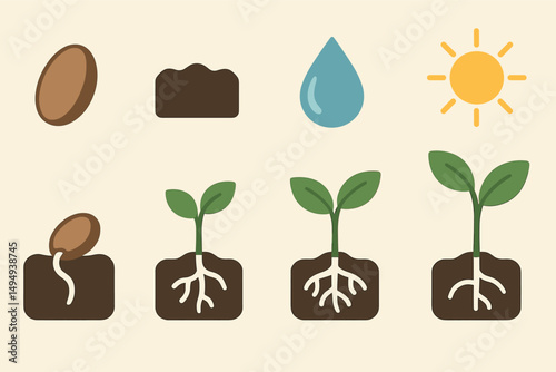 Growth and nature outline icons set – flat, botanical, plant life symbols