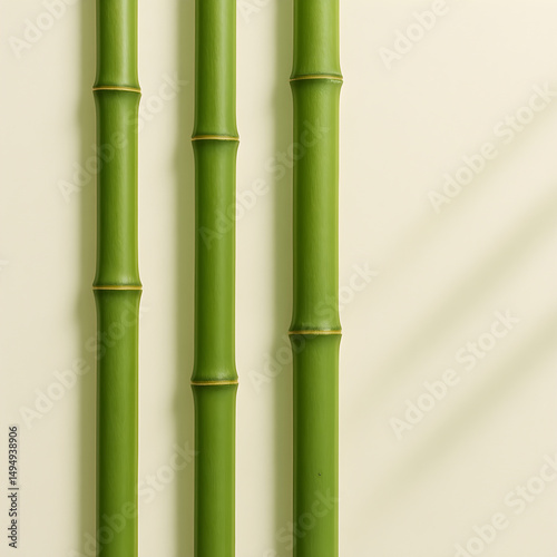 Green Bamboo Stalks on Beige Background