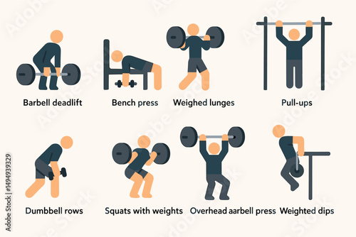 Gym and fitness icons set – flat, solid, exercise and workout symbols
