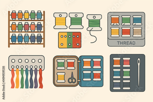 Sewing and thread outline icons set – crafting, textile, needlework graphics
