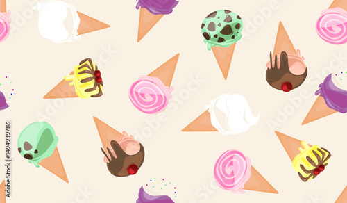 Ice cream pattern. Vintage food wallpaper. Background for cafe and restaurant. Pastel and gentle color palette background. Sweet cold dessert seamless pattern.