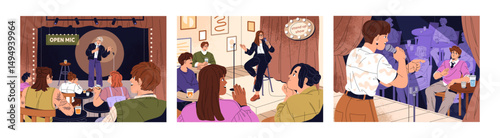 Set of stand up comedy. Comedians tell jokes from stage. People shows humor in Open microphone. Audience listens to the performance, laughters. Artists perform in concert. Flat vector illustrations
