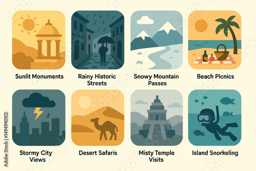 Travel and leisure icons set – flat, filled, vacation and tourism symbols