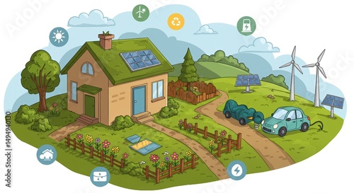 illustration of a sustainable eco-friendly house with solar panels wind turbines and electric vehicles in a green environment