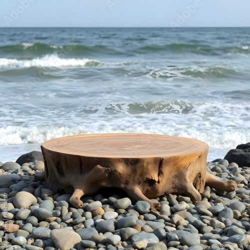 A tree log podium with stones is scattered across a summer beach with ocean waves and a clear sky