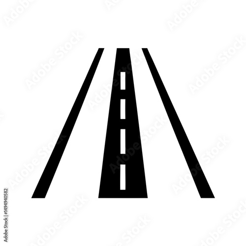 A simplistic stylized black and white image of a road with lane markings