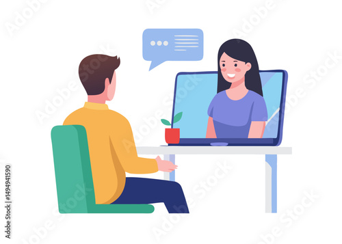 Online interview. Vector flat modern illustration of a man talking to a young woman on a video call on his computer.