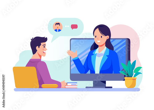 Online interview. Vector flat modern illustration of a man talking to a young woman on a video call on his computer.
