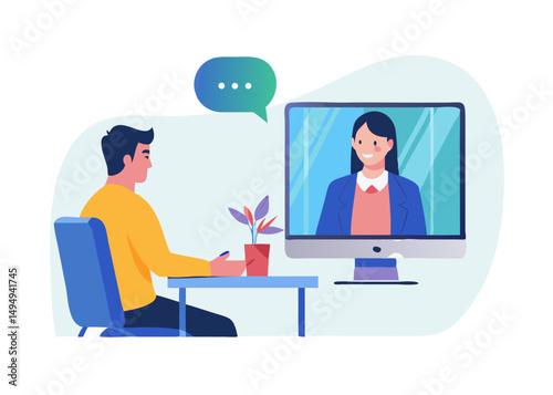 Online interview. Vector flat modern illustration of a man talking to a young woman on a video call on his computer.