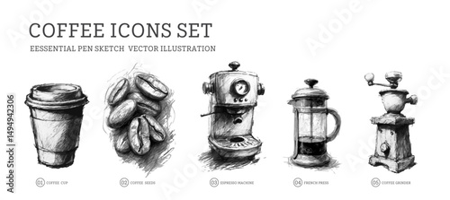 Coffee Icons Set, detailed pen sketch vector illustrations of a coffee cup, beans, espresso machine, French press, and grinder