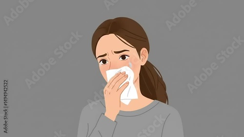 Young woman with a distressed expression, wiping her tears with a tissue in a neutral background