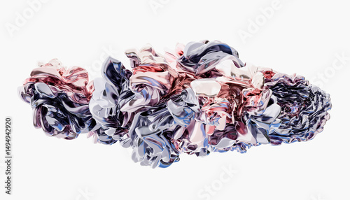 Abstract swirling metallic sculpture with shades of pink, purple, and blue on a white background. Illustration, Blender 3D rendering photo