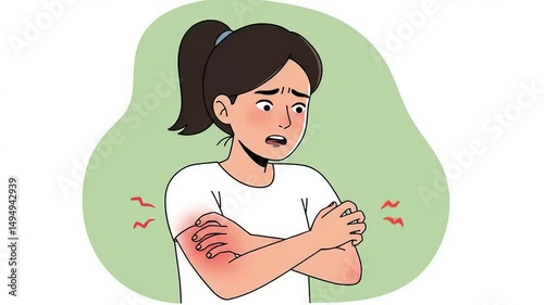 Young woman with a worried expression, holding her arms, showing signs of discomfort in a serene background