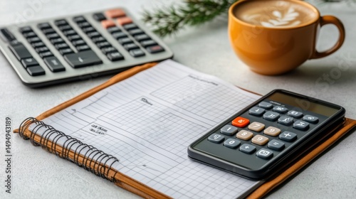 Accounting and financial planning flat lay with notebook calculator mobile phone coffee and pen on white
