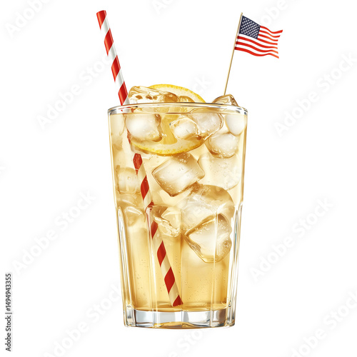 Refreshing iced tea beverage with lemon and american flag for celebration isolated on  transparent  background 
