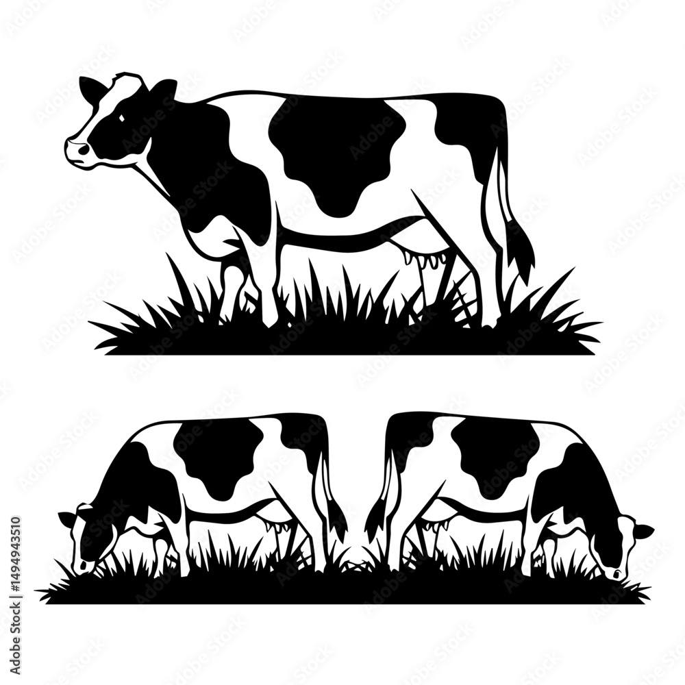 Fototapeta premium Set of black cow and calf silhouettes in various poses and profiles, isolated on white background. Ideal for farming, livestock, or agricultural design themes.