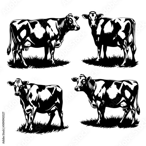 Set of black cow and calf silhouettes in various poses and profiles, isolated on white background. Ideal for farming, livestock, or agricultural design themes.