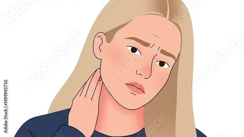 Young woman with long blonde hair touching her neck, expressing concern in a minimalistic background