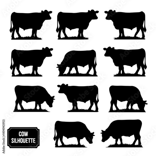Set of black cow and calf silhouettes in various poses and profiles, isolated on white background. Ideal for farming, livestock, or agricultural design themes.