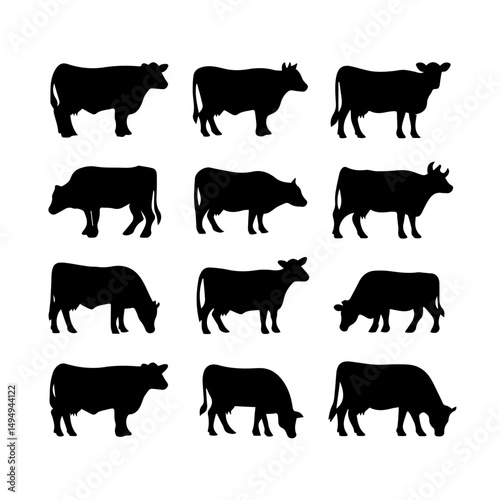 Set of black cow and calf silhouettes in various poses and profiles, isolated on white background. Ideal for farming, livestock, or agricultural design themes.