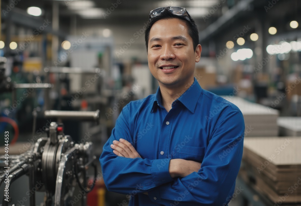 Fototapeta premium Smiling man in a blue shirt standing confidently in a manufacturing facility