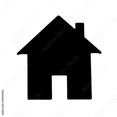 Simple black house icon with chimney on roof against a white background