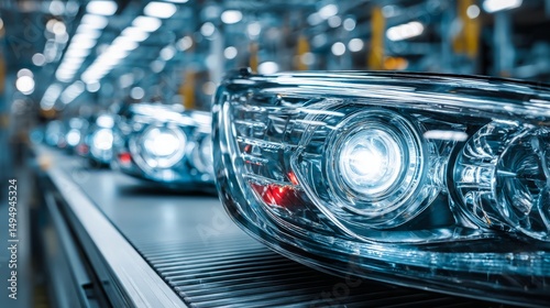 modern car headlight assemblies on factory line, automotive tech and manufacturing visuals
