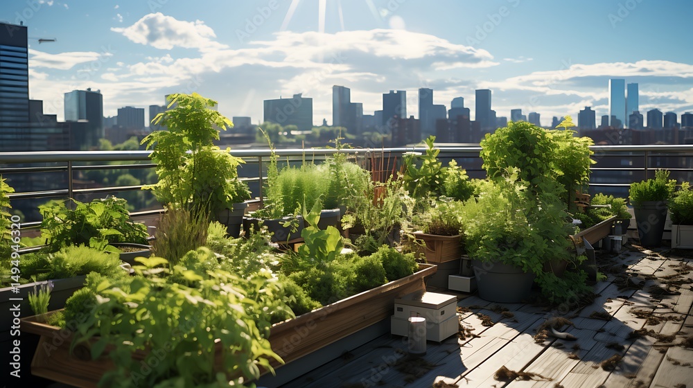 Fototapeta premium Sustainable Urban Garden with Modern City Skyline