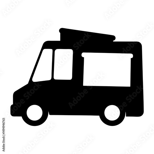 Simple black and white graphic silhouette of a food truck on white