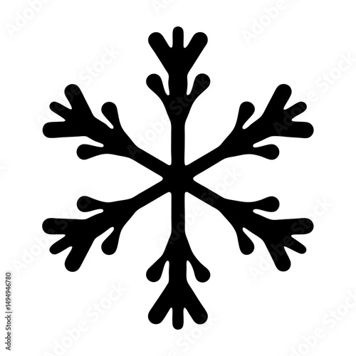 Stylized Black Snowflake on a White Background, Winter Holiday Season Symbol
