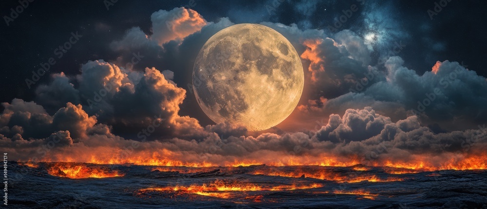 Fiery landscape under a huge moon