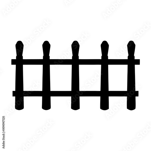 Simple black silhouette of a wooden picket fence on white background