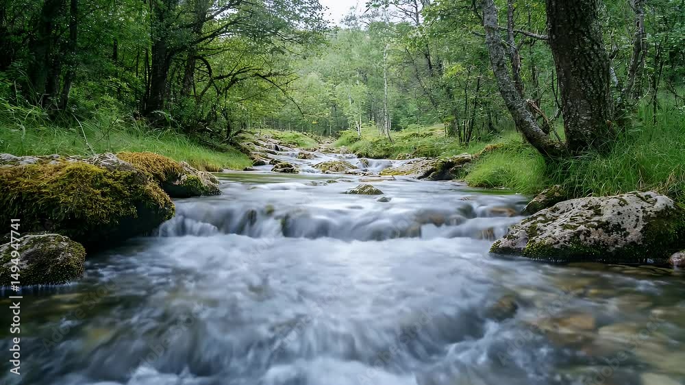 Serene River Flowing Through Forest with Mossy Rocks Long Exposure and Greenery Natural Scene Tranquil Atmosphere Clear Water Serene River Flowing Through Forest with Mossy Rocks Long Exposure and Greenery Natural Scene Tranquil Atmosphere Clear Water